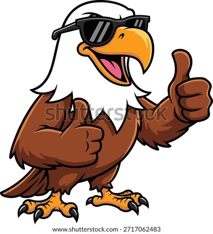 Cartoon bald eagle character with sunglasses giving thumbs up, confident pose, vector illustration for patriotism, motivation, freedom, and mascot themes