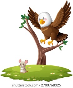 Águia careca dos desenhos animados na árvore observa o rato no campo gramado, cores brilhantes, estilo de vetor plano