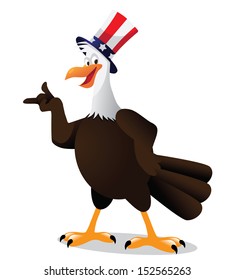 Cartoon bald eagle points at your message. EPS 10 vector, grouped for easy editing. No open shapes or paths.