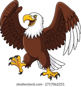 Águia careca com asas espalhadas, pose voadora, garras afiadas, ilustração vetorial para liberdade, mascote, patriotismo, vida selvagem ou conteúdo de símbolo americano.