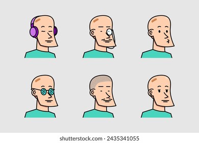 Cartoon Bald Male Head Facial Expression Set With Various Clothes Vector