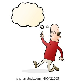 caricatura calvo con idea con burbuja de pensamiento