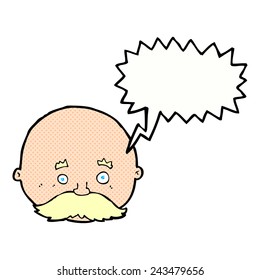 cartoon bald man with mustache with speech bubble