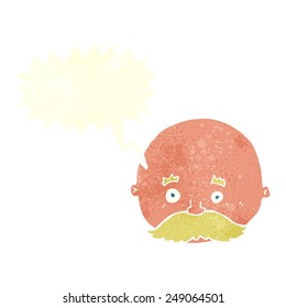 cartoon bald man with mustache with speech bubble