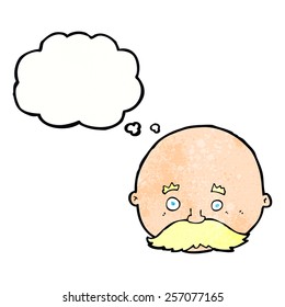 cartoon bald man with mustache with thought bubble