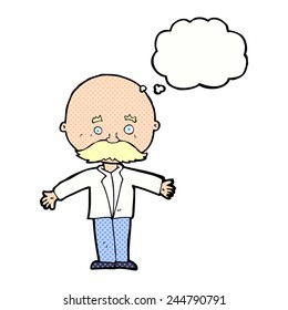 cartoon bald man with open arms with thought bubble