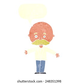 cartoon bald man with open arms with speech bubble