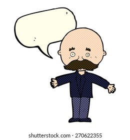 cartoon bald man with open arms with speech bubble