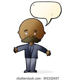 cartoon bald man with open arms with speech bubble