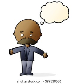 cartoon bald man with open arms with thought bubble
