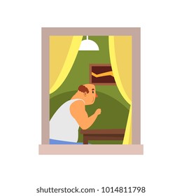 Cartoon bald man sitting behind table at his house. Room interior with picture on wall, lamp and curtains on window. View on apartment from street. Flat vector design