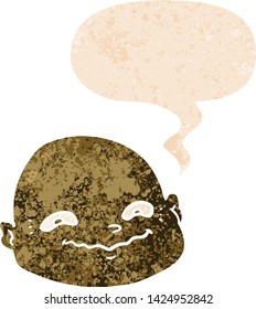 cartoon bald man with speech bubble in grunge distressed retro textured style
