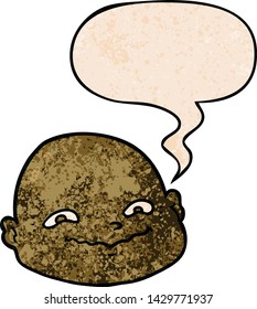 cartoon bald man with speech bubble in retro texture style