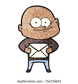 cartoon bald man staring with letter