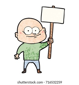 cartoon bald man staring with sign