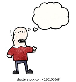 hombre calvo de dibujos animados con burbuja de pensamientos apuntando