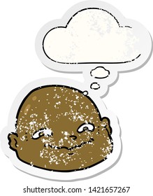 cartoon bald man with thought bubble as a distressed worn sticker
