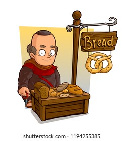 Cartoon bald monk character with rosary and baker vendor booth or shop market with text sign. Vector icon for game.