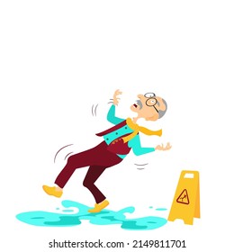 Cartoon bald old man stepping on water slipping down has a caution sign for slippery ground nearby on white background.Vector flat design concept of Elderly man Clumsiness, Injury, Failure, Safety.