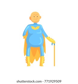 Cartoon bald and toothless old man character in costume with yellow cape, gloves and walking stick. Funny grandfather superhero in retirement. Isolated flat vector