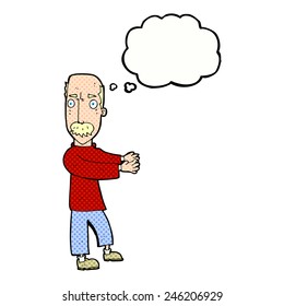 caricatura de un hombre calvo explicando con burbuja de pensamiento