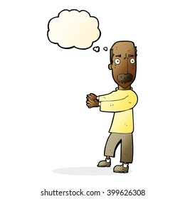 cartoon balding man explaining with thought bubble
