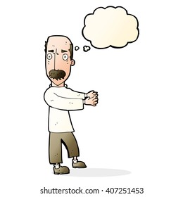 Cartoon-Balding-Mann, der mit Denkblase erklärt