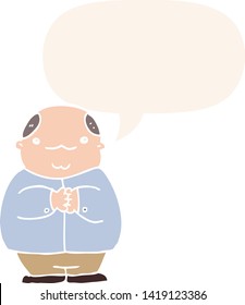 caricatura calva hombre con burbuja de habla en estilo retro