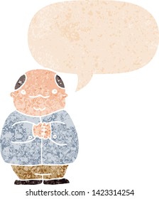 cartoon balding man with speech bubble in grunge distressed retro textured style