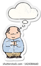 cartoon balding man with thought bubble as a distressed worn sticker