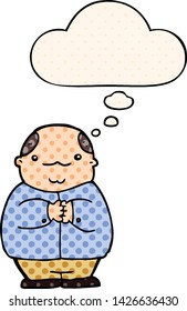 cartoon balding man with thought bubble in comic book style