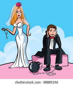 Cartoon Ball and chain. Just married man with ball and chain. Isolated