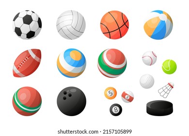 Cartoon ball items. Sport equipment for football play. Volleyball games. Baseball or golf. Badminton shuttlecock. Hockey puck. Rugby and basketball tools. Vector realistic spheres set