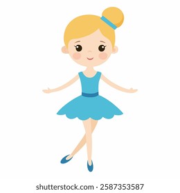  cartoon ballerina with  blonde hair and a blue tutu.  Doll for Kids.Suitable for children's books, sticker,t shirt design, mascot, logo Isolated on white background. Front view. Vector illustration. 