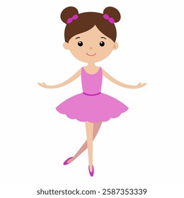  cartoon ballerina with dark hair and a pink tutu.  Doll for Kids.Suitable for children's books, sticker,t shirt design, mascot, logo. Isolated on white background. Front view. Vector illustration. 