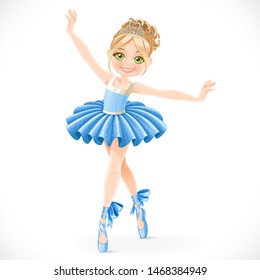 Cartoon ballerina girl in blue dress dancing isolated on a white background