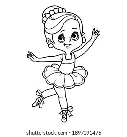 Cartoon ballerina girl dance in lush tutu outlined for coloring isolated on a white background