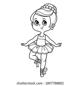 Cartoon ballerina girl  in lush tutu dancing on one leg outlined for coloring isolated on a white background