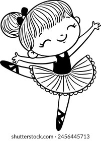 Cartoon ballerina girl outline illustration. Little girl in tutu dress dances, isolated clipart. Child ballet dancer