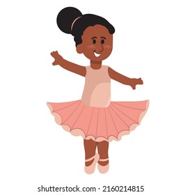Cartoon ballerina girl in pink dress dancing on a white background.
