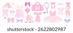 Cartoon ballet elements. Pink girly dance studio accessories. Dress, tutu, bows and hair clips, pointe shoes, perfume and bag, racy vector clipart
