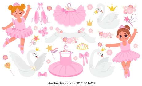 Cartoon ballet shoe, clothing, dancing ballerinas and swans. Cute ballet dance accessories and decoration. Flowers, crowns, tutu vector set. Beautiful pointes and dresses on hangers, magic wands