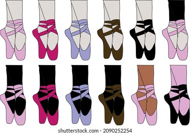 Cartoon ballet shoes pointes in different colors