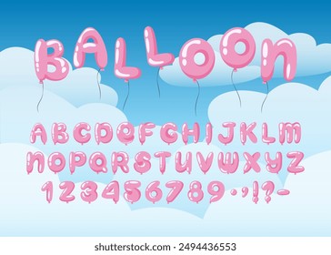 Cartoon Balloon Alphabet. Cute pink bubble font with uppercase letters, numbers and punctuation in cloudy sky. Perfect for children's designs, party invitations, logos and playful typography projects.