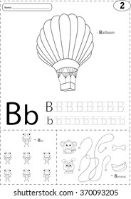 Cartoon balloon, bee and bananas. Alphabet tracing worksheet: writing A-Z, coloring book and educational game for kids