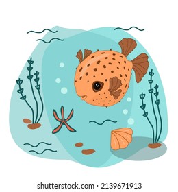 Cartoon balloon fish, colorful cute vector illustration in flat style, starfish, shell, algae. A children's picture on a marine theme. EPS10 format.