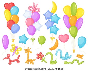 Cartoon balloon, holiday, anniversary or birthday party decoration. Colorful balloons in various shapes, kids birthdays celebration Vector set. Event decor as moon, heart and stars