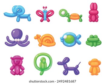 Cartoon balloon toys. Animal shapes from air balloons. Isolated elephant turtle rabbit fish octopus. Children party elements, nowaday vector clipart