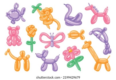 Cartoon balloon toys. Wild animals and pets round colorful symbols, cute children birthday party decoration. Vector snake dog monkey fish balloons collection. Festive helium camel, giraffe and dolphin