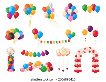 Cartoon balloons. Birthday party celebrate and carnival decoration elements. Bunch of festive bright glossy helium spheres. Garland and arch template. Vector flying inflated balls set svg
